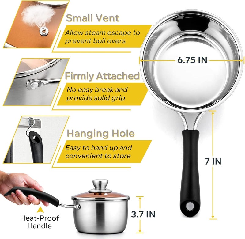 E-far Small Saucepan with Lid, Stainless Steel Max Capacity 2 Quart Sauce Pot with Glass Lid for Cooking, Easy Clean & Rust Free, Dishwasher Safe - Image 2