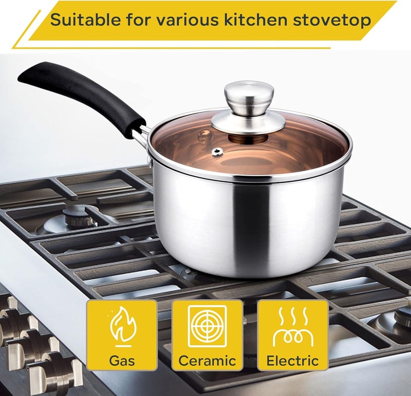 E-far Small Saucepan with Lid, Stainless Steel Max Capacity 2 Quart Sauce Pot with Glass Lid for Cooking, Easy Clean & Rust Free, Dishwasher Safe - Image 3