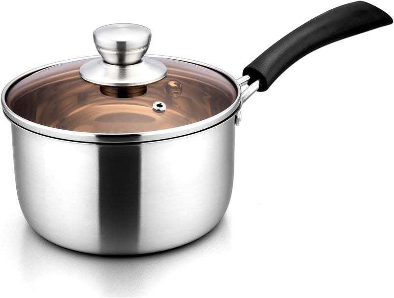 E-far Small Saucepan with Lid, Stainless Steel Max Capacity 2 Quart Sauce Pot with Glass Lid for Cooking, Easy Clean & Rust Free, Dishwasher Safe - Image 1