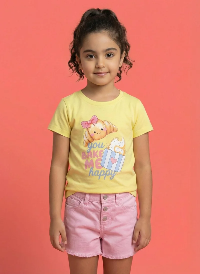 نوتيناتي Nautinati Girls' 100% Cotton Pack of 2 Graphic & Striped Crew Neck T-shirts