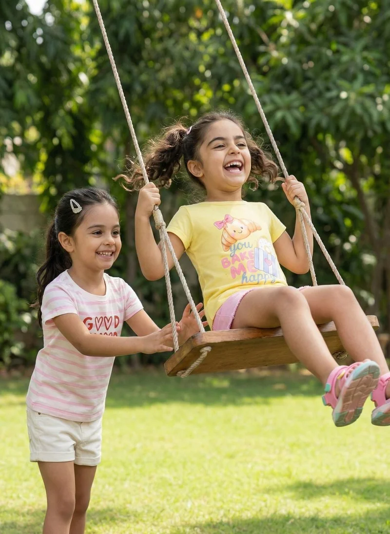 نوتيناتي Nautinati Girls' 100% Cotton Pack of 2 Graphic & Striped Crew Neck T-shirts