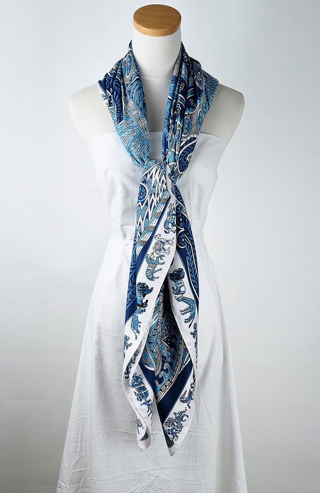 corciova XL 50x50 Large Square Navy Royal Blue White Silk Hair Spanish Scarf Satin Tops for Women Head Wraps Shawl Headscarf - Image 2