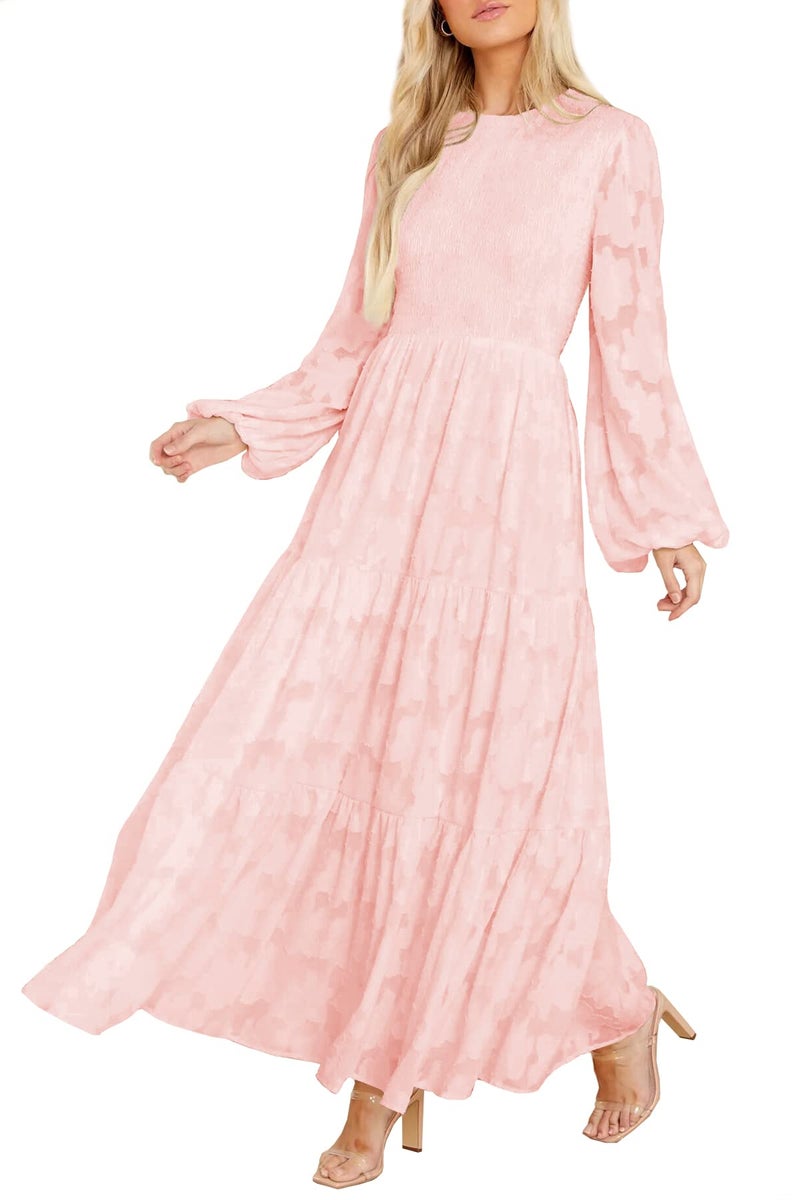 MITILLY Women's Elegant Floral Long Sleeve Round Neck Smocked A-Line Flowy Tiered Maxi Dress with Pockets Small Pink - Image 1