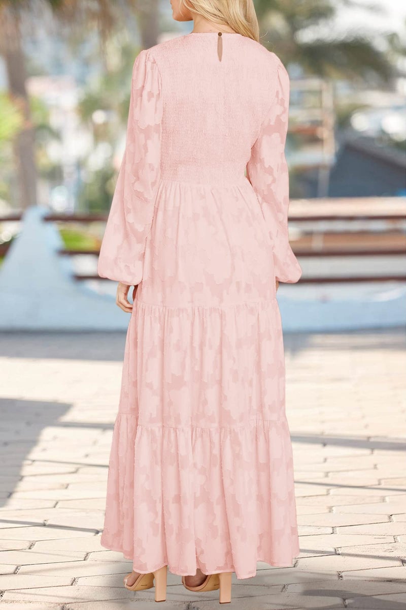 MITILLY Women's Elegant Floral Long Sleeve Round Neck Smocked A-Line Flowy Tiered Maxi Dress with Pockets Small Pink - Image 3