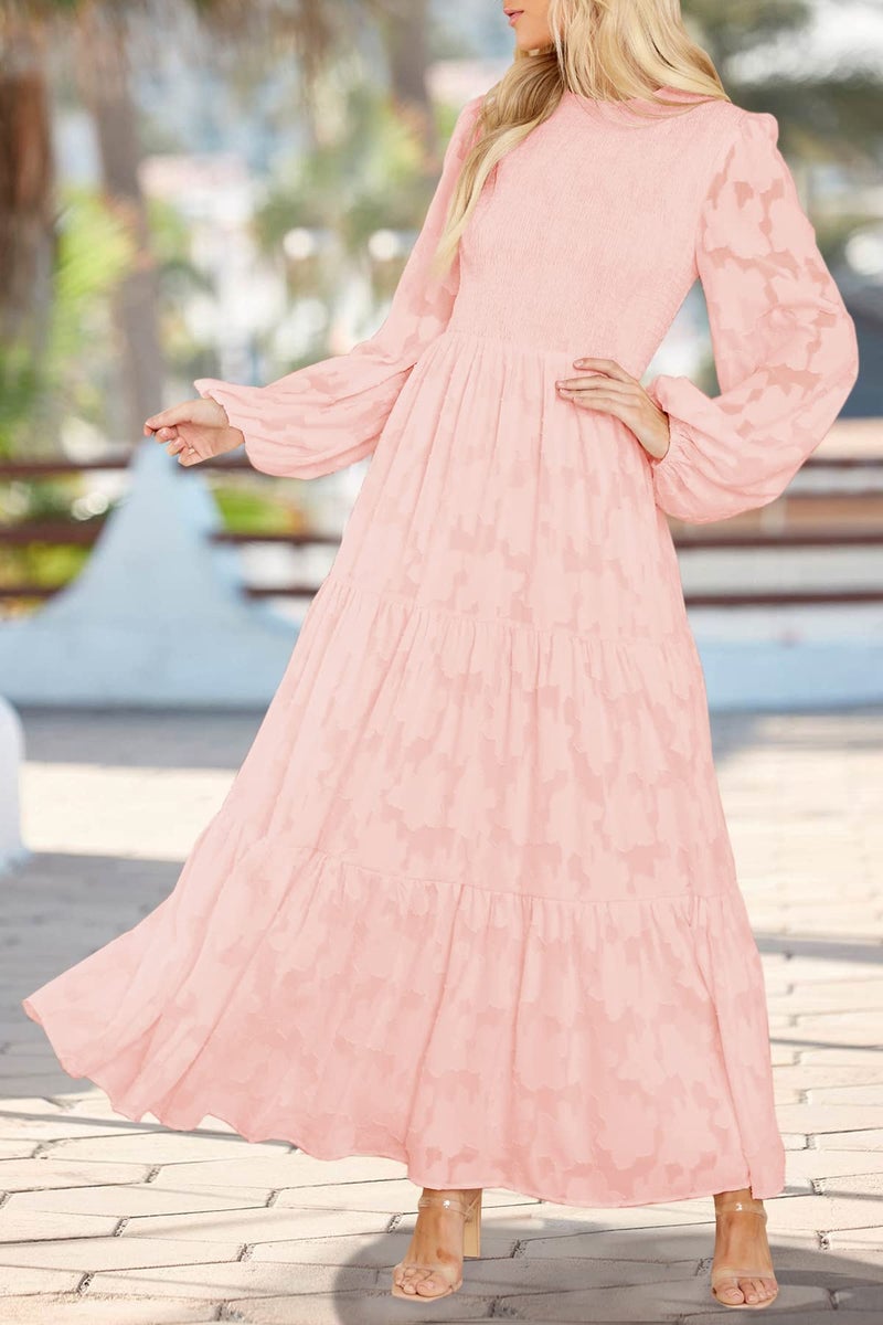 MITILLY Women's Elegant Floral Long Sleeve Round Neck Smocked A-Line Flowy Tiered Maxi Dress with Pockets Small Pink - Image 2
