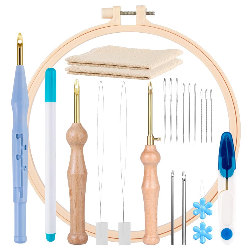 MSDADA 21Piece Punch Needle Set Adjustable Tool Wooden Handle Embroidery Pens Hoops Cloth Perfect for Adult Beginners Gifts Blue