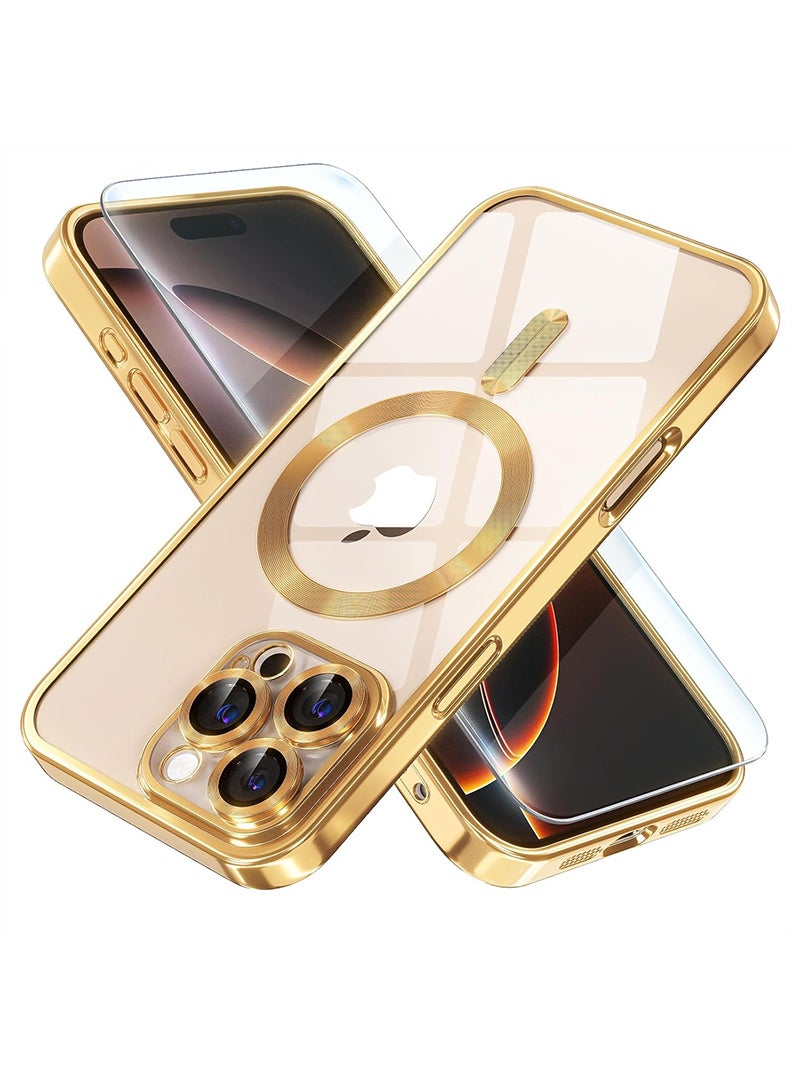 Theodor Magnetic Case for iPhone 16 Pro Max with MagSafe Drop Protection Full Camera Lens Protector Plating Soft Clear Phone Case 6.9 inch - Gold - Image 1