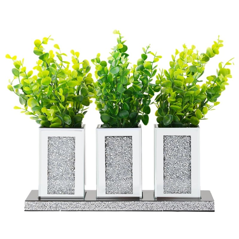 Pibeyer Crystal Crush Diamond Jar Table Centerpiece Decorations for Dining Room Coffee Table Decor Wooden Tray with 3 Mirrored Jars Artificial Plants for Kitchen Living Room Home Dcor