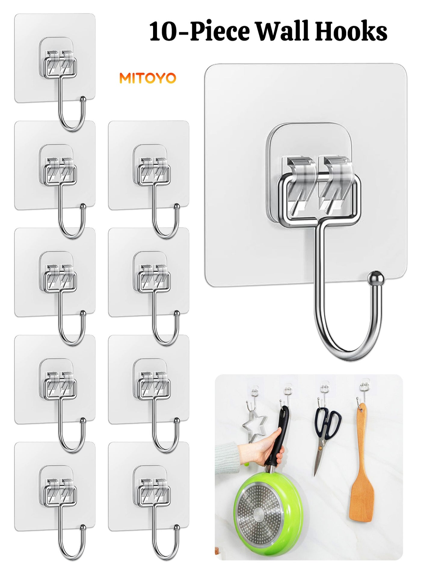 10 PCS Wall Hooks - Self Adhesive Hook - Without Nails Drill Free Strong Sticky Hook - Hanging Heavy Duty - for Home, Bathroom, Kitchen, Office