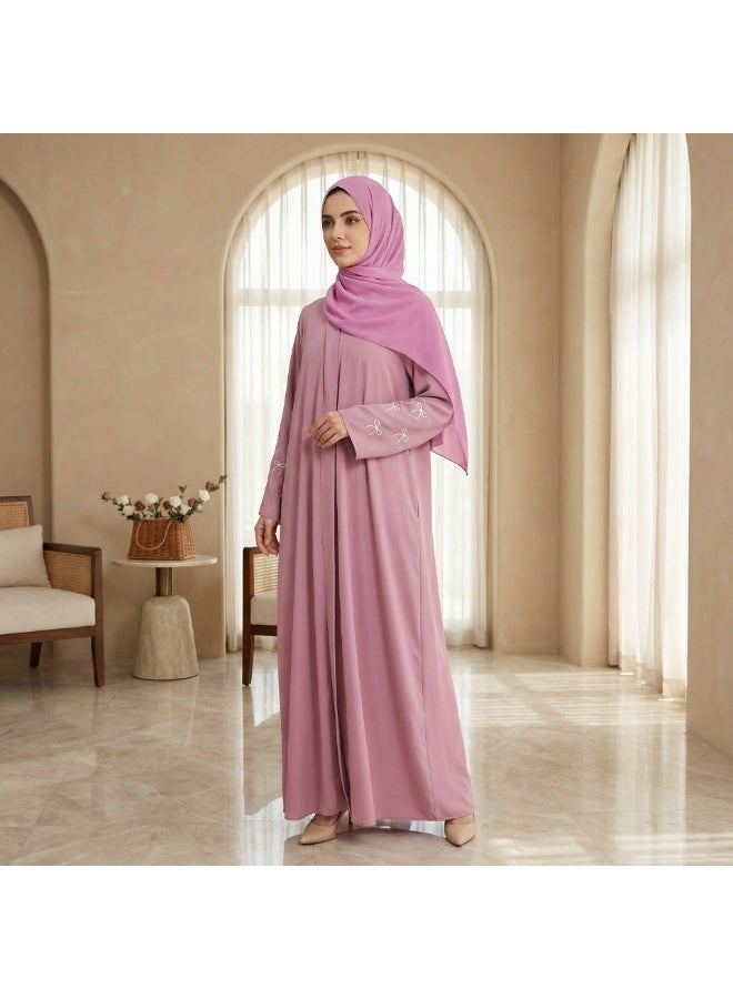 Women Open Abaya Set Bow Floral Embroidery Flared Sleeve Long Cardigan With Hijab - Image 1
