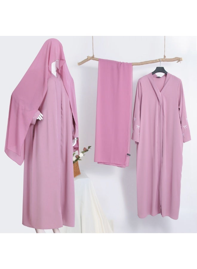 Women Open Abaya Set Bow Floral Embroidery Flared Sleeve Long Cardigan With Hijab - Image 3