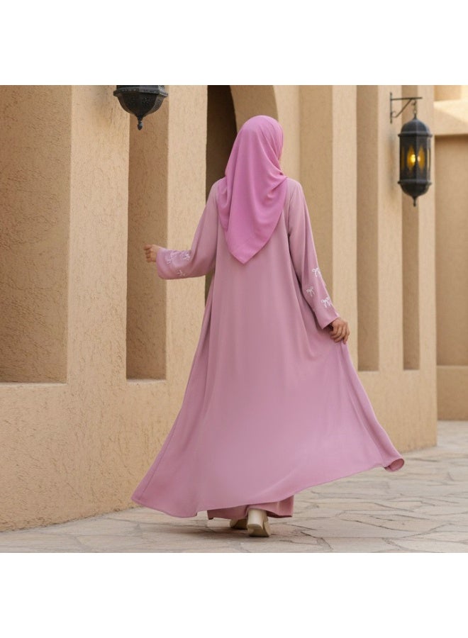 Women Open Abaya Set Bow Floral Embroidery Flared Sleeve Long Cardigan With Hijab - Image 2