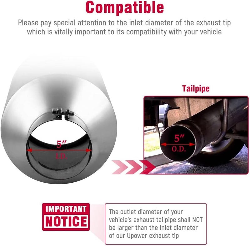 U-Power 5" Inlet 10" Outlet Exhaust Tip 5 to 10 Inch 18" Long Diesel Exhaust Tailpipe Tip Stainless Steel Rolled Edge Bolt-On Diesel Pipe Universal For Car Truck - Image 2