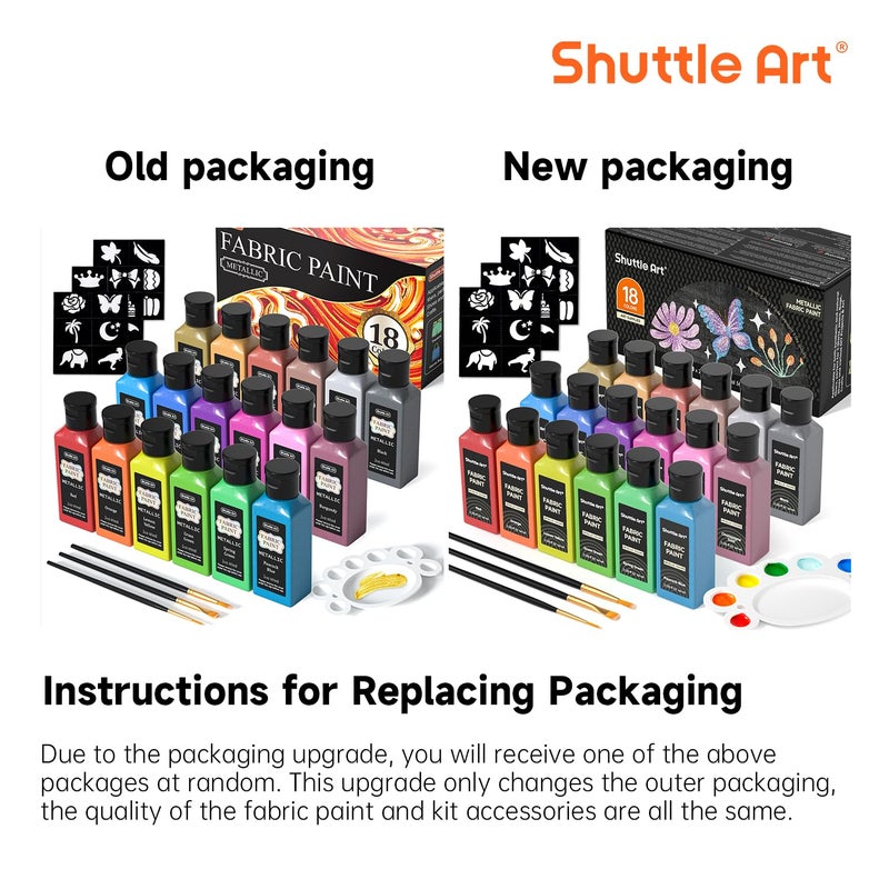 Shuttle Art Metallic Fabric Paint, Shuttle Art 18 Metallic Colors Permanent Soft Fabric Paint in Bottles (60ml/2oz) with Brush and Stencils, Non-Toxic Textile Paint for T-shirts, Shoes, Jeans, Bags & DIY Projects - Image 2