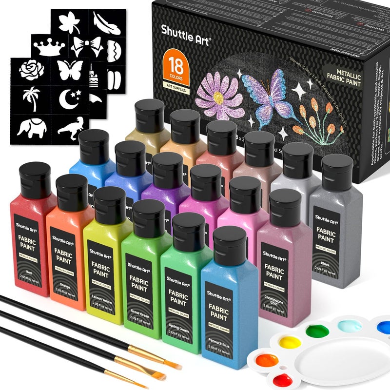 Shuttle Art Metallic Fabric Paint, Shuttle Art 18 Metallic Colors Permanent Soft Fabric Paint in Bottles (60ml/2oz) with Brush and Stencils, Non-Toxic Textile Paint for T-shirts, Shoes, Jeans, Bags & DIY Projects - Image 1