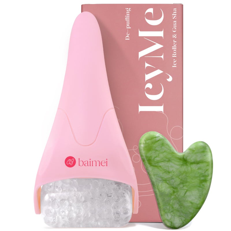BAIMEI IcyMe Ice Roller for Face and Gua Sha Facial Tool Set, Ice Face Roller Reduces Puffiness Relieves Migraines Skin Care Tools, Self Care Gift for Women - Pink - Image 1