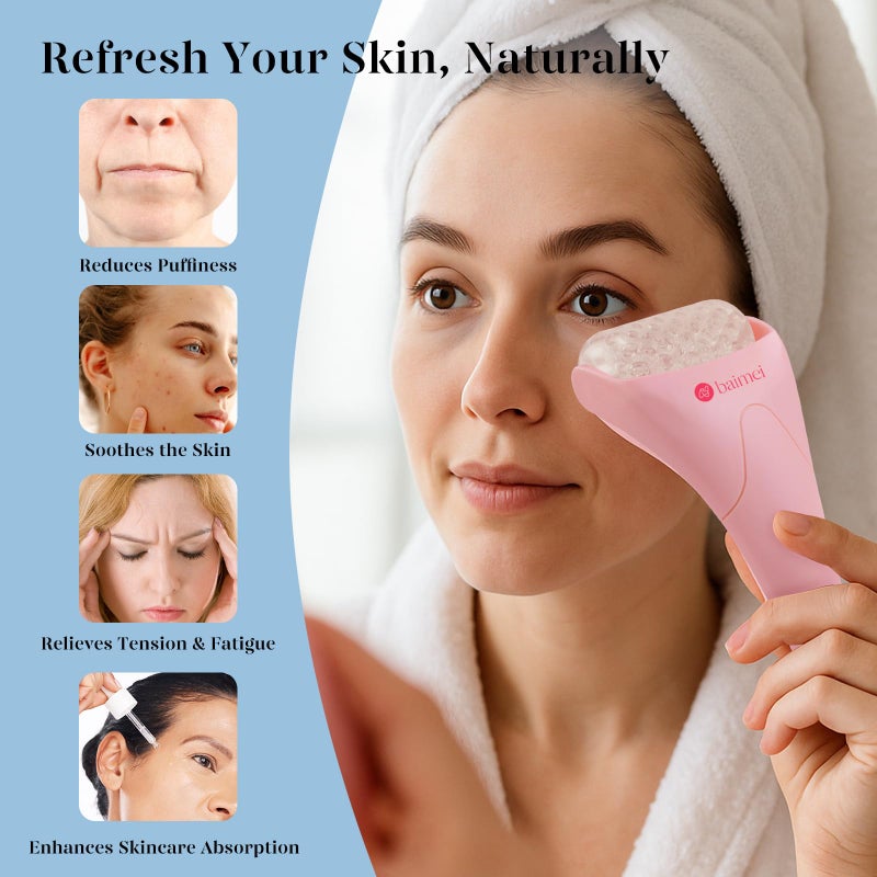 BAIMEI IcyMe Ice Roller for Face and Gua Sha Facial Tool Set, Ice Face Roller Reduces Puffiness Relieves Migraines Skin Care Tools, Self Care Gift for Women - Pink - Image 3