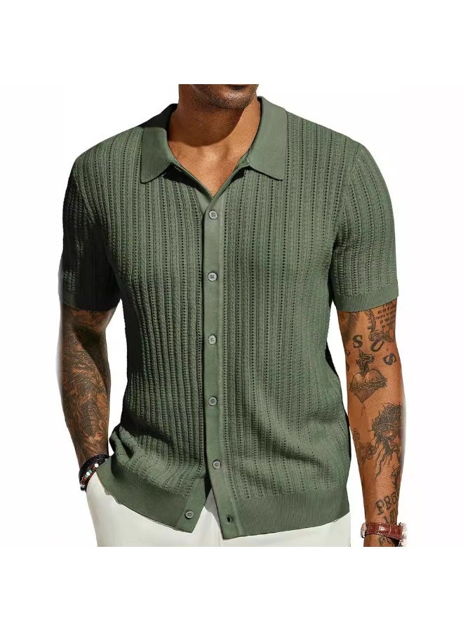 NIBEMINENT Summer Short Sleeve Men's Polo Shirts Fashion Solid Striped Loose Cardigan Turn Down Collar Shirt Male Casual Knitted Polos Top - Image 1