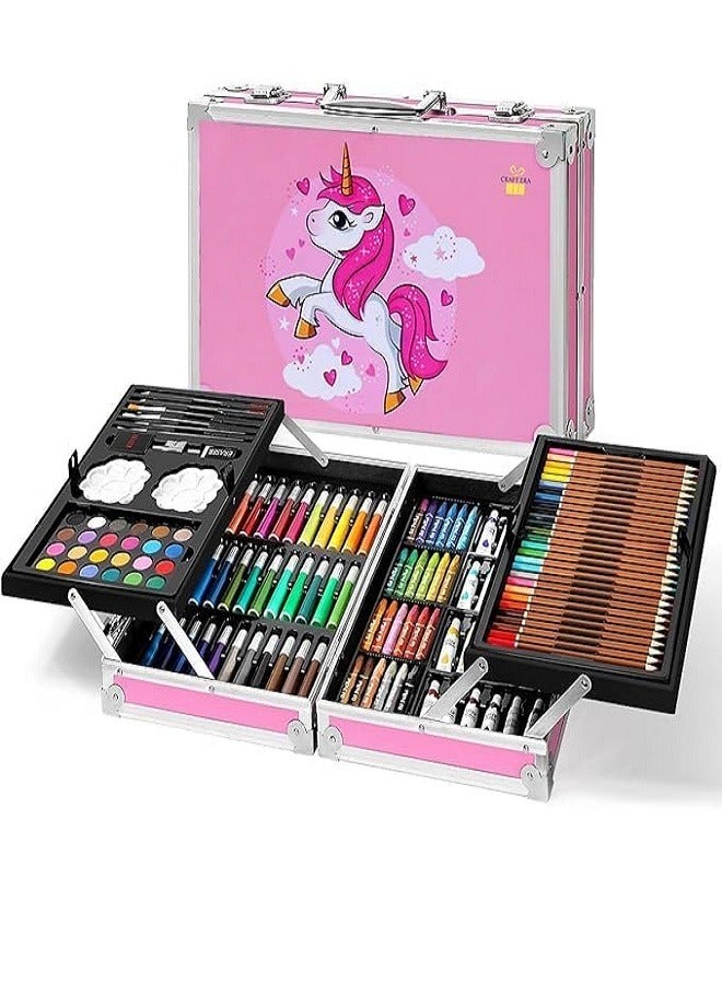 Drawing color set consisting of 145 pieces, a set of crayons and shading in pastel oils, a set of watercolors cake, a paintbrush, a sharpener and an eraser, fixed art supplies for artists (Pink) - Image 1