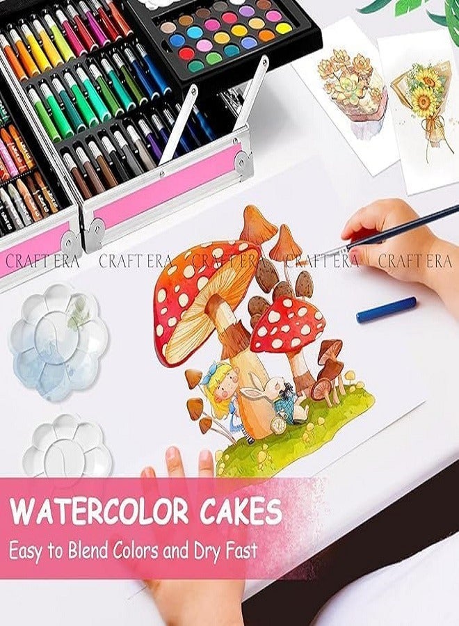 Drawing color set consisting of 145 pieces, a set of crayons and shading in pastel oils, a set of watercolors cake, a paintbrush, a sharpener and an eraser, fixed art supplies for artists (Pink) - Image 3