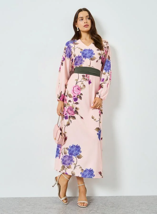 Take Two Floral Print Balloon Sleeve Belted Maxi Dress