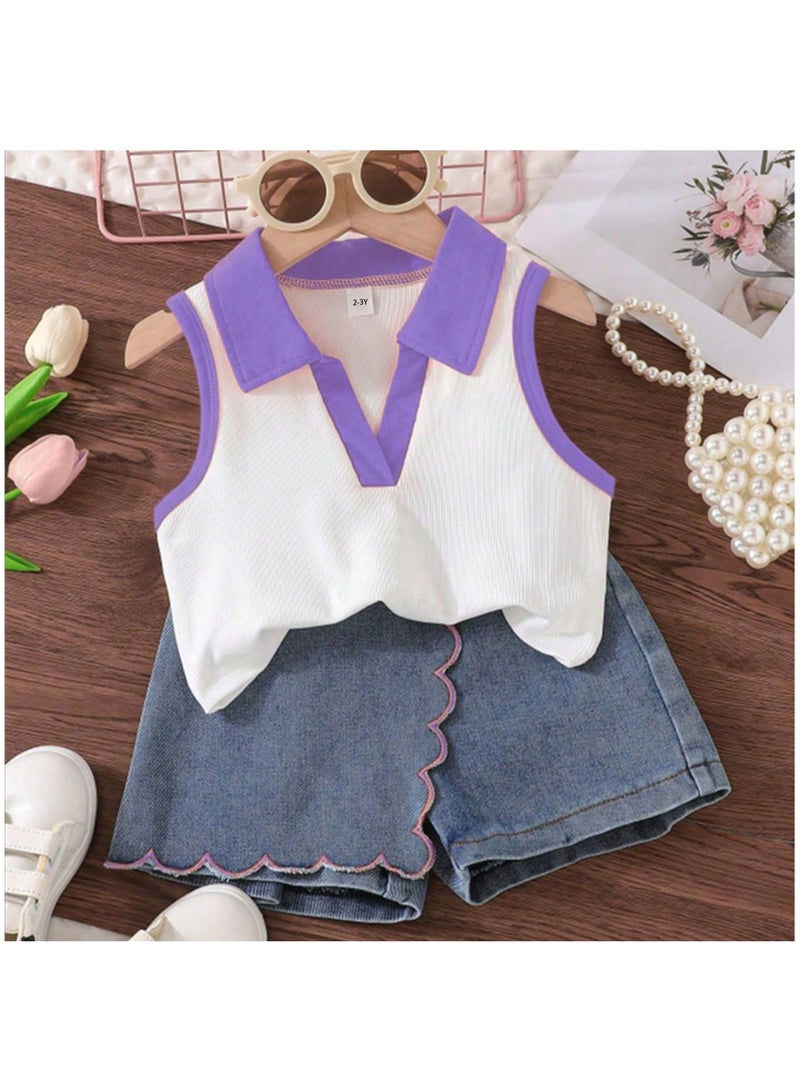 2–3Y Toddler Girls 2 Pcs Set, Purple-Trim Polo-Collar Sleeveless Top with Lavender Accents, White & Purple Contrast, Denim Scallop-Edge Skort Set, Casual Summer Outfit for Birthday, Picnic, Travel, Park Playdates  - Image 1