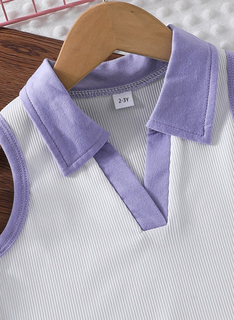 2–3Y Toddler Girls 2 Pcs Set, Purple-Trim Polo-Collar Sleeveless Top with Lavender Accents, White & Purple Contrast, Denim Scallop-Edge Skort Set, Casual Summer Outfit for Birthday, Picnic, Travel, Park Playdates  - Image 5