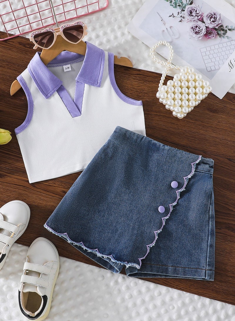 2–3Y Toddler Girls 2 Pcs Set, Purple-Trim Polo-Collar Sleeveless Top with Lavender Accents, White & Purple Contrast, Denim Scallop-Edge Skort Set, Casual Summer Outfit for Birthday, Picnic, Travel, Park Playdates  - Image 3