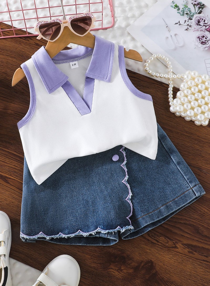 2–3Y Toddler Girls 2 Pcs Set, Purple-Trim Polo-Collar Sleeveless Top with Lavender Accents, White & Purple Contrast, Denim Scallop-Edge Skort Set, Casual Summer Outfit for Birthday, Picnic, Travel, Park Playdates  - Image 2