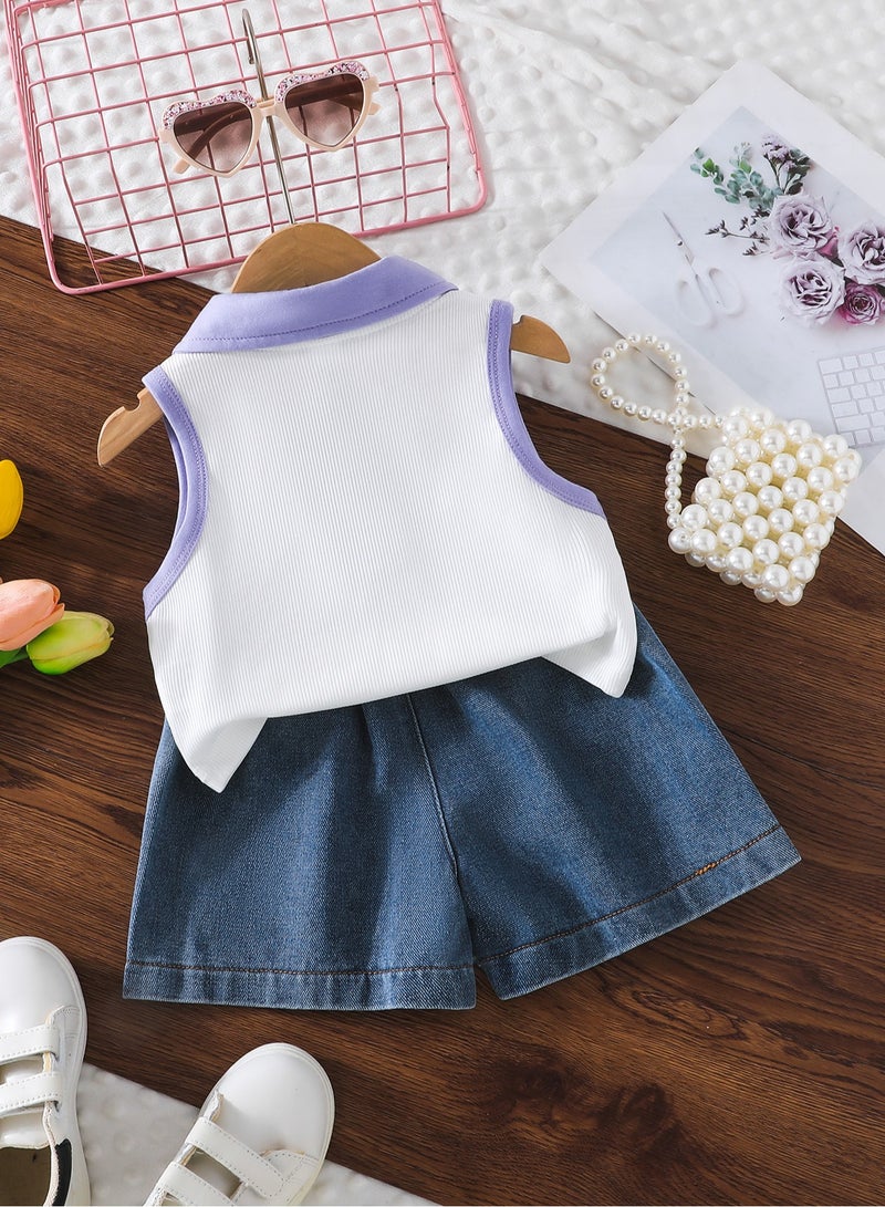 2–3Y Toddler Girls 2 Pcs Set, Purple-Trim Polo-Collar Sleeveless Top with Lavender Accents, White & Purple Contrast, Denim Scallop-Edge Skort Set, Casual Summer Outfit for Birthday, Picnic, Travel, Park Playdates  - Image 4