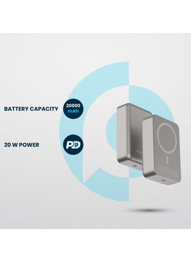 Powerology - 20000mAh Power Bank, Compatible with MagSafe, PD 20W Fast Charge, 15W Wireless Output, Simultaneous Charging, Compact Design & Portable_Titanium - Image 1