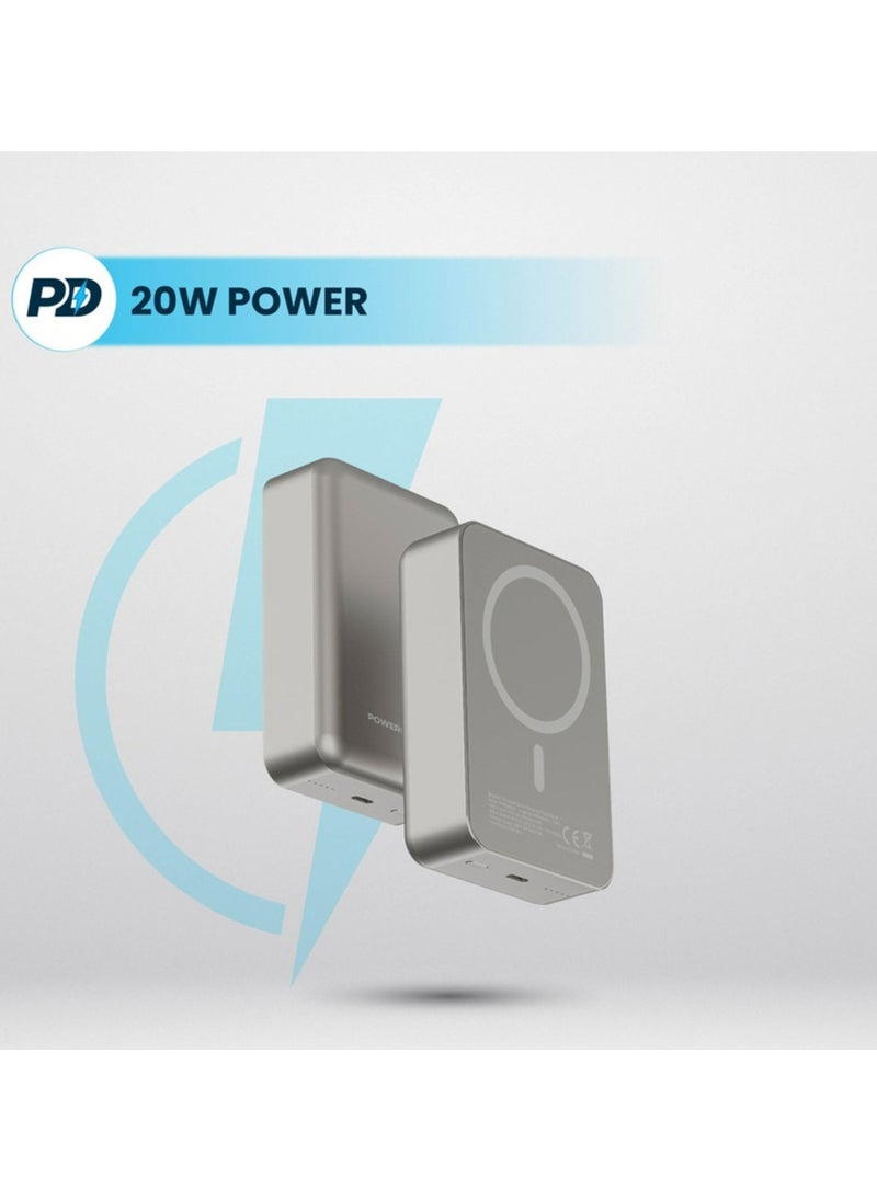 Powerology - 20000mAh Power Bank, Compatible with MagSafe, PD 20W Fast Charge, 15W Wireless Output, Simultaneous Charging, Compact Design & Portable_Titanium - Image 1