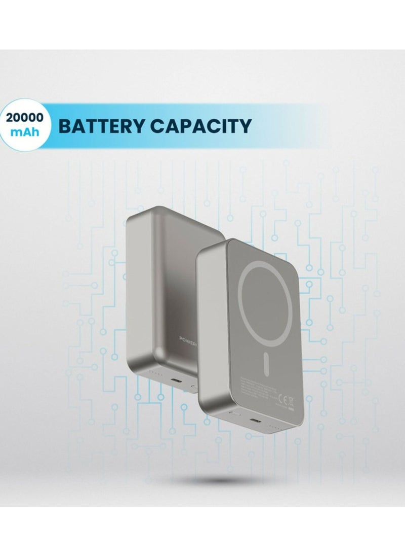 Powerology - 20000mAh Power Bank, Compatible with MagSafe, PD 20W Fast Charge, 15W Wireless Output, Simultaneous Charging, Compact Design & Portable_Titanium - Image 1