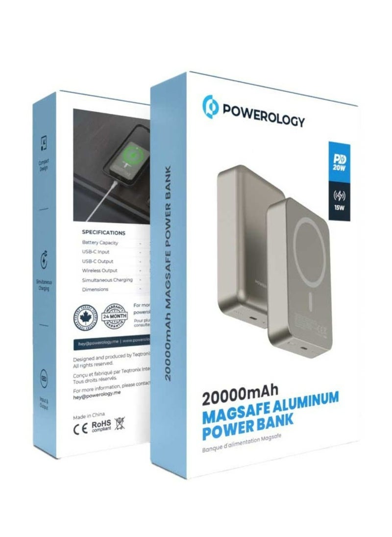 Powerology - 20000mAh Power Bank, Compatible with MagSafe, PD 20W Fast Charge, 15W Wireless Output, Simultaneous Charging, Compact Design & Portable_Titanium - Image 1