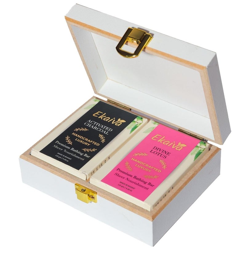 EKAIVA ORGANICS Ekaiva Organics Luxury Gift Box Deluxe Duo Box of Activated Charcoal  Divine Lotus Engineered Wooden Box with 2 Luxury Bathing Bars - Image 1