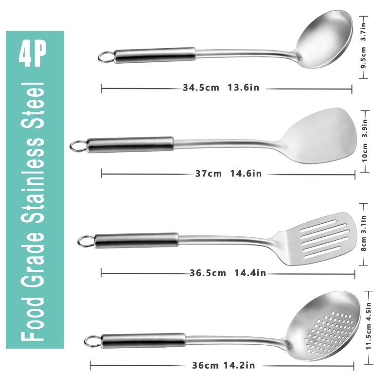 Pleafind Cooking Utensils Set - 4 Pcs Stainless Steel Kitchen Utensils, Wok Utensils Set Include Wok Ladle, Wok Spatula, Slotted Spoon and Slotted Spatula, Dishwasher Safe - Image 2