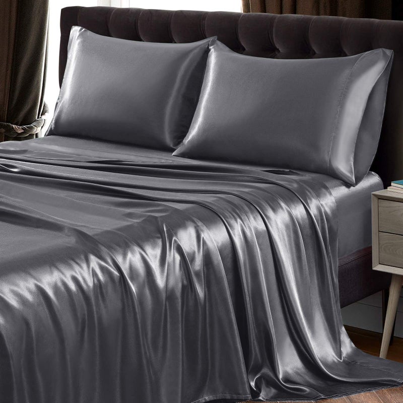 SiinvdaBZX 4Pcs Satin Sheet Set Queen Size Ultra Silky Soft Grey Satin Queen Bed Sheets with Deep Pocket 1 Fitted Sheet 1 Flat Sheet 2 Envelope Closure Pillowcases