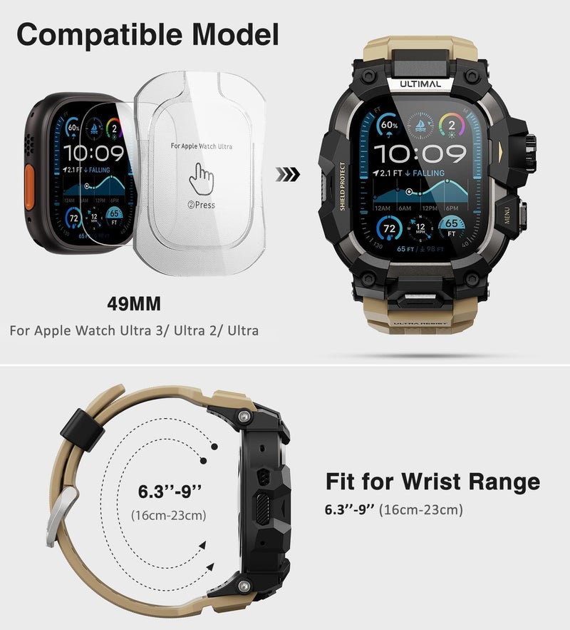 ULTIMAL Rugged Case with Band for Apple Watch 49mm,Compatible with Apple Watch Ultra 3/2/1, Military Grade Shockproof Bumper Cover for iWatch Tactical Band Men (49mm,Desert Yellow) - Image 2