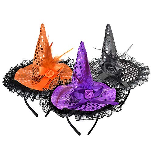 ZeeDix 3 Pcs Halloween Witch Feather Hat Headband Cute Witch Headpiece for Halloween Costume Dress up Masquerade SuppliesOrangePurpleBlack - Image 1