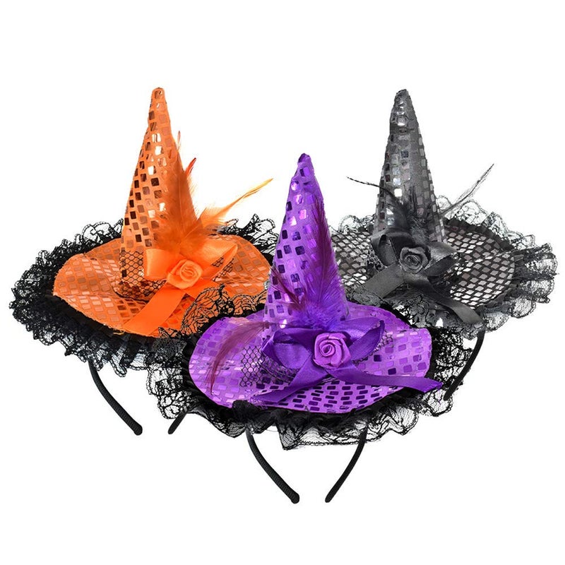 ZeeDix 3 Pcs Halloween Witch Feather Hat Headband Cute Witch Headpiece for Halloween Costume Dress up Masquerade SuppliesOrangePurpleBlack - Image 2