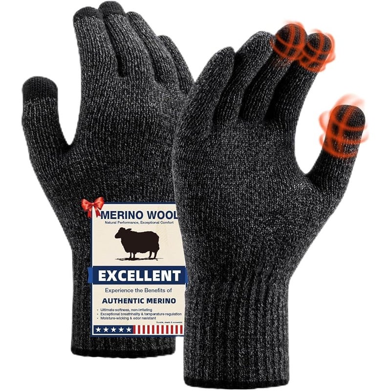 Heat equation Merino Wool Gloves for Men Women, Touch Screen Warm Glove Liners Thermal Soft Knit Lining for Winter Running Hiking - Image 1