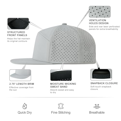 FEINION Men Flat Brim Adjustable Performance Hat Snapback Laser Perforated Baseball Cap (Grey) - Image 3