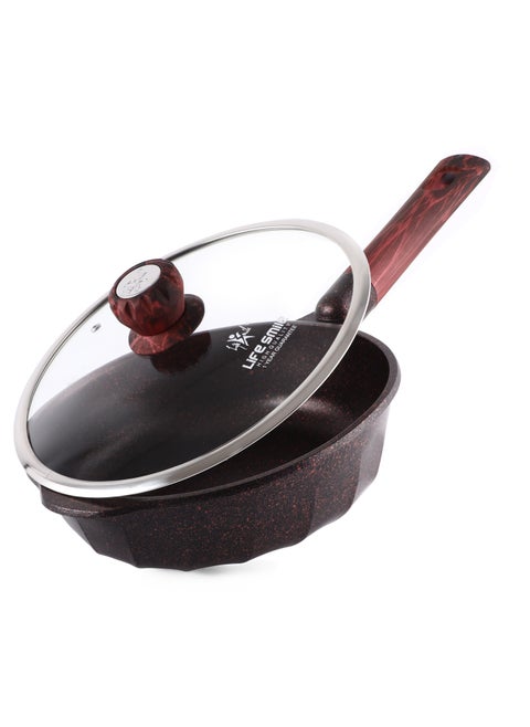 LIFE SMILE Deep Frying Pan With Lid - Multi Layer Granite Coating Non Stick Saute Pan | Stay Cool Handle With Hanging Loop | Oven Safe (Red, 28 CM(4.2 Liter,Induction))