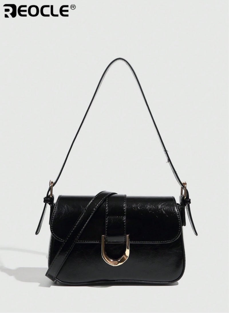 ريوكل حقيبة كتف نسائية كلاسيكية مزينة بإبزيم حقيبة كروسبودي أنيقة ذات تصميم هيكلي مع حزام قابل للتعديل وإغلاق قلاب وتفاصيل معدنية خالدة لإطلالة يومية أنيقة - Image 3