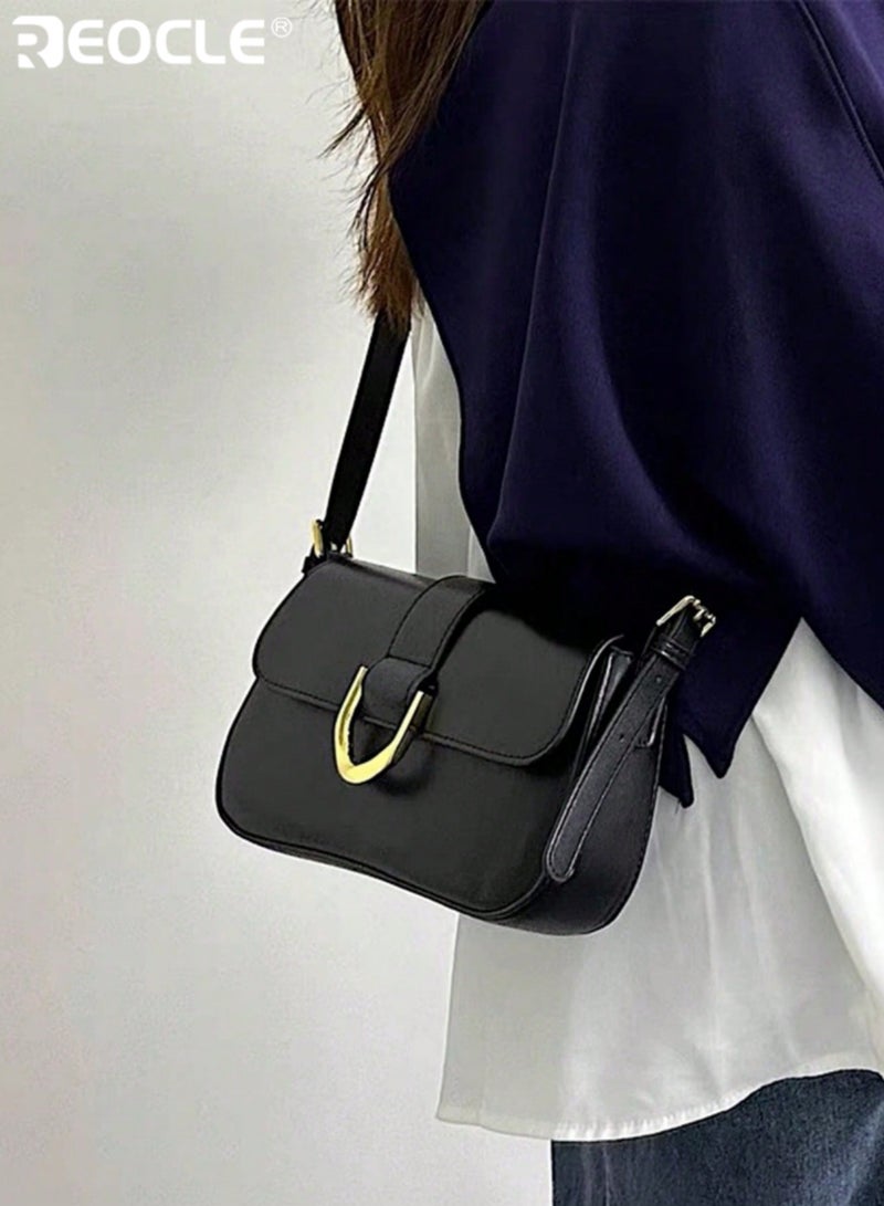 ريوكل حقيبة كتف نسائية كلاسيكية مزينة بإبزيم حقيبة كروسبودي أنيقة ذات تصميم هيكلي مع حزام قابل للتعديل وإغلاق قلاب وتفاصيل معدنية خالدة لإطلالة يومية أنيقة - Image 1