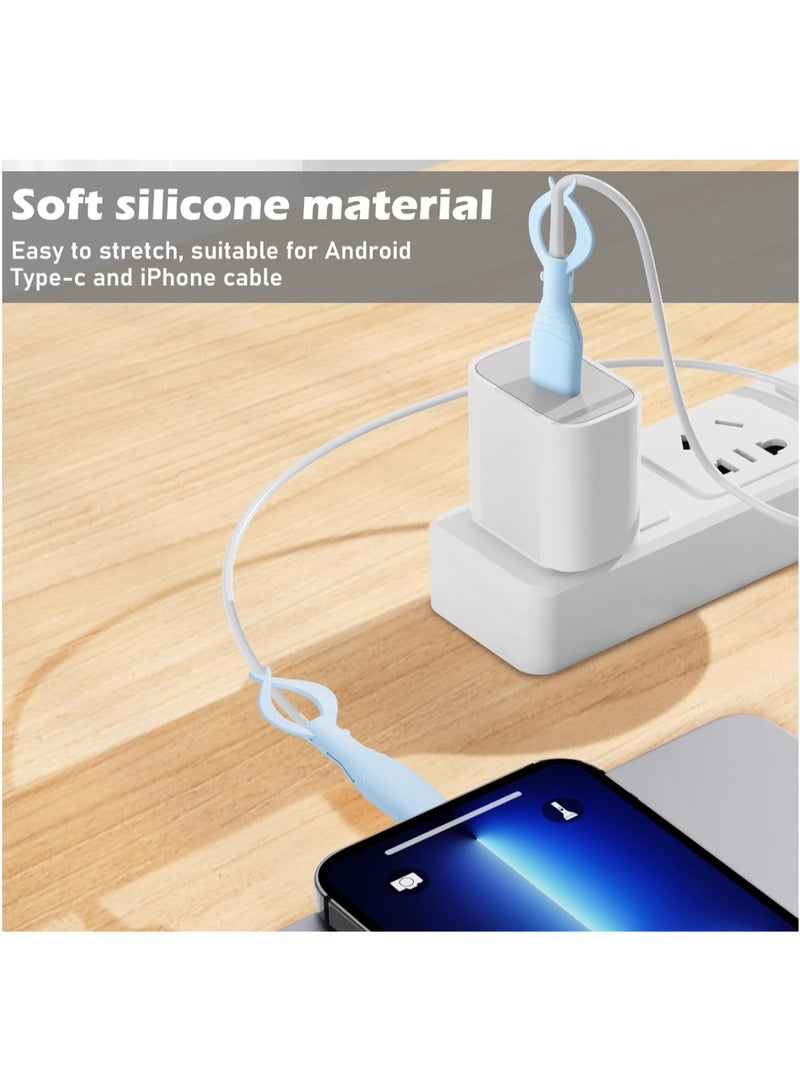 واقي كابل لطيف لشاحن iPhone وAndroid USB Type-C، 3 قطع واقي كابل شحن من السيليكون الناعم، منظم كابل بيانات مع روابط كابل - أزرق. - Image 3