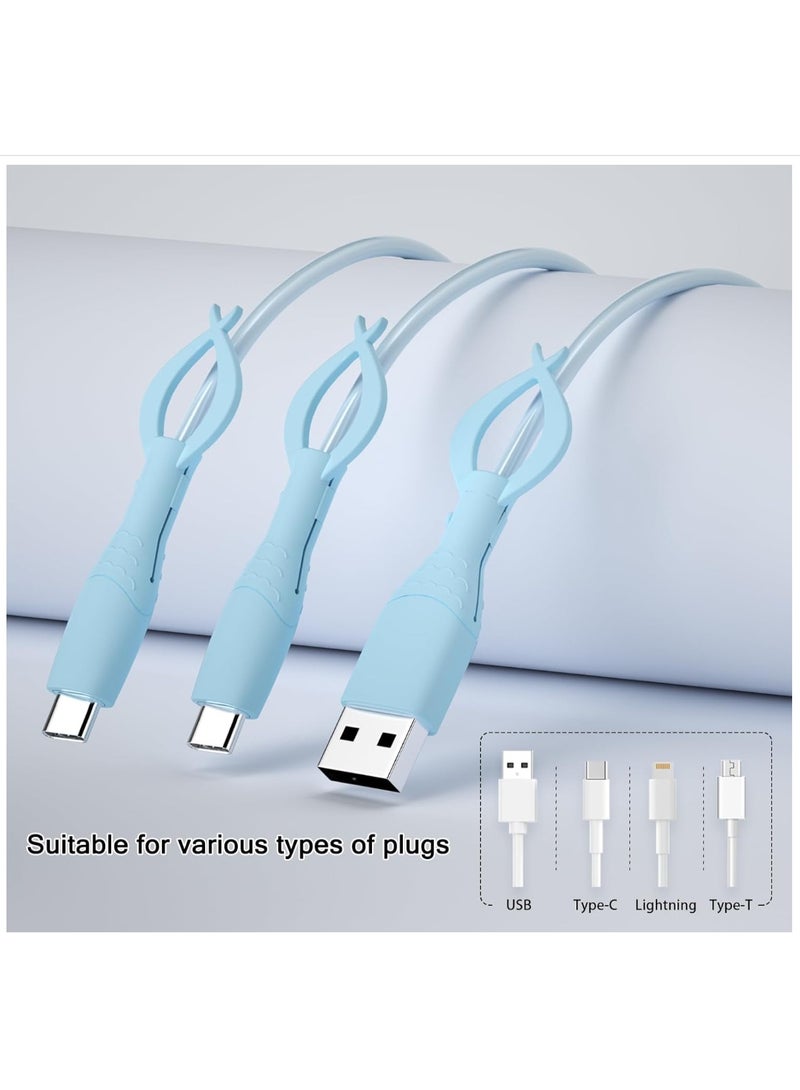 واقي كابل لطيف لشاحن iPhone وAndroid USB Type-C، 3 قطع واقي كابل شحن من السيليكون الناعم، منظم كابل بيانات مع روابط كابل - أزرق. - Image 5