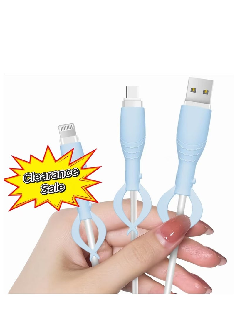 واقي كابل لطيف لشاحن iPhone وAndroid USB Type-C، 3 قطع واقي كابل شحن من السيليكون الناعم، منظم كابل بيانات مع روابط كابل - أزرق. - Image 1