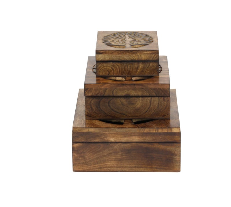 Deco 79 Mango Wood Floral Decorative Box Decorative Keepsake Boxes with Hinged Lid, Set of 3 Storage Boxes, Cream - Image 1