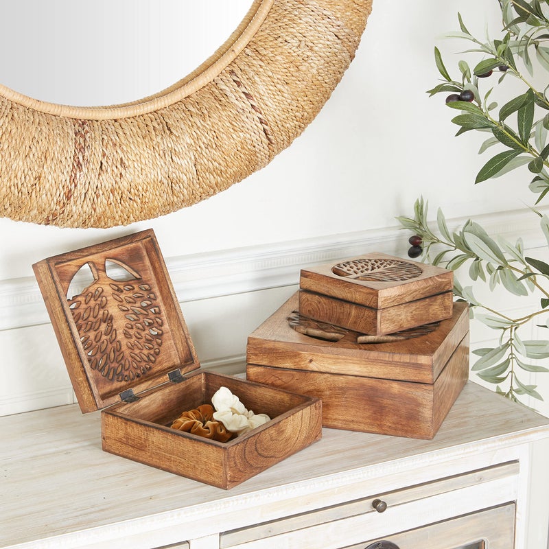 Deco 79 Mango Wood Floral Decorative Box Decorative Keepsake Boxes with Hinged Lid, Set of 3 Storage Boxes, Cream - Image 2